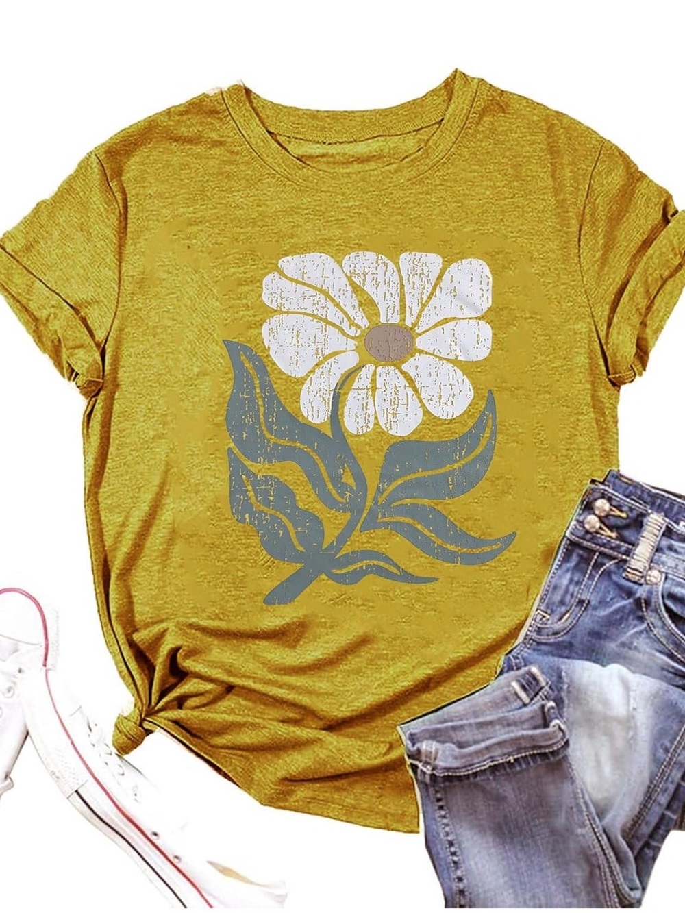 🌿 Mustard Yellow Short Sleeve Tee with Flower Graphic - XL